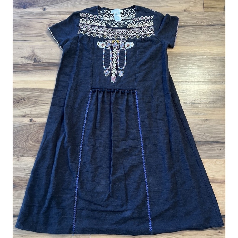 Corey Lynn Calter Embroidered Cotton Dress Black Boho Folk Midi‎ Size L READ